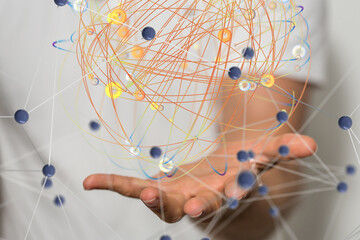 abstract lines with dots over dark background.