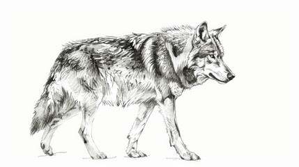 Fototapeta premium Detailed black and white sketch of a wolf walking gracefully, showcasing its majestic and powerful presence.