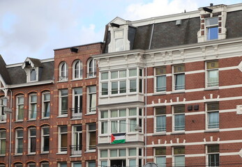 Amsterdam Korte Marnixstraat House Facades with Palestinian Flag, Netherlands