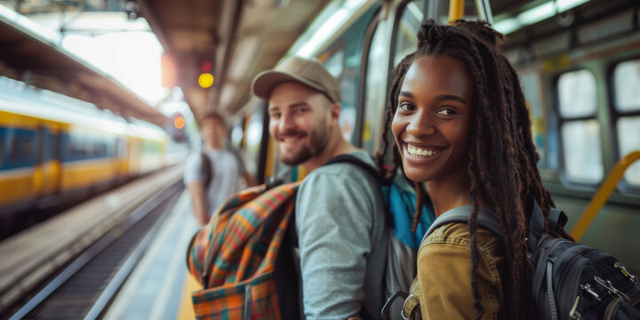 multi-ethnic young couple backpacking at a train station - Powered by Adobe