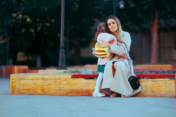Sad Mother Hugging Girl Going to Preschool . Mum suffering from separation anxiety from her little kid 
