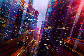 Fototapeta premium A dazzling cityscape at night illuminated by vibrant lights and dynamic streaks, blending urban energy with futuristic vibes.