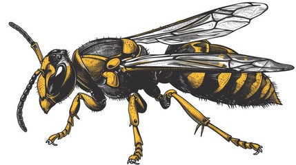 Detailed illustration of a wasp showcasing its distinctive yellow and black markings, fine wings, and characteristic body structure.