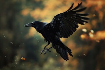 Fototapeta premium Large black raven with its wings outstretched in flight
