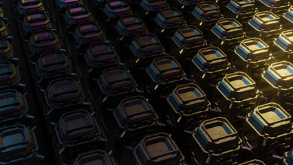 Fototapeta premium Futuristic digital data storage units with neon lighting