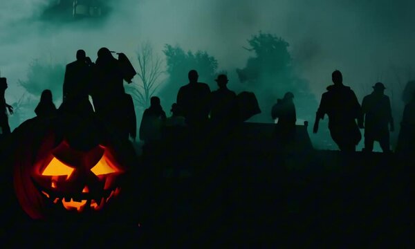 zombie crowd walking at night, halloween concept