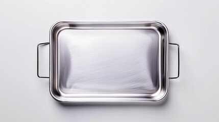 Empty rectangular stainless steel tray with handles for product display. 