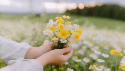 Many flowers of daisies in children's palms on a sunny summer day for a gift