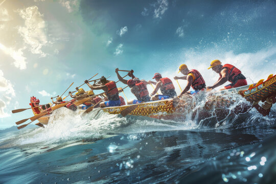 A vibrant dragon boat team paddles in unison through waves, showcasing teamwork and strength under a sunny sky.