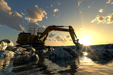 An excavator at work during sunset by the water, cutting rocks and shaping the landscape, symbolizing hard work and industrial development in a picturesque setting.