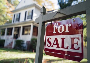 Elegant White House with Large Windows and Front Porch, Featuring Red “For Sale” Sign on Wooden Pole. Serene Atmosphere with Green Grass and Trees, Symbolizing Real Estate Sales and New Homes.