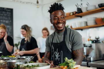 Young smiling black cooking teacher teaching his students how to cook vegan dishes