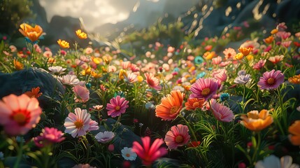 Obraz premium Colorful cosmos flowers in the garden at sunrise Nature background