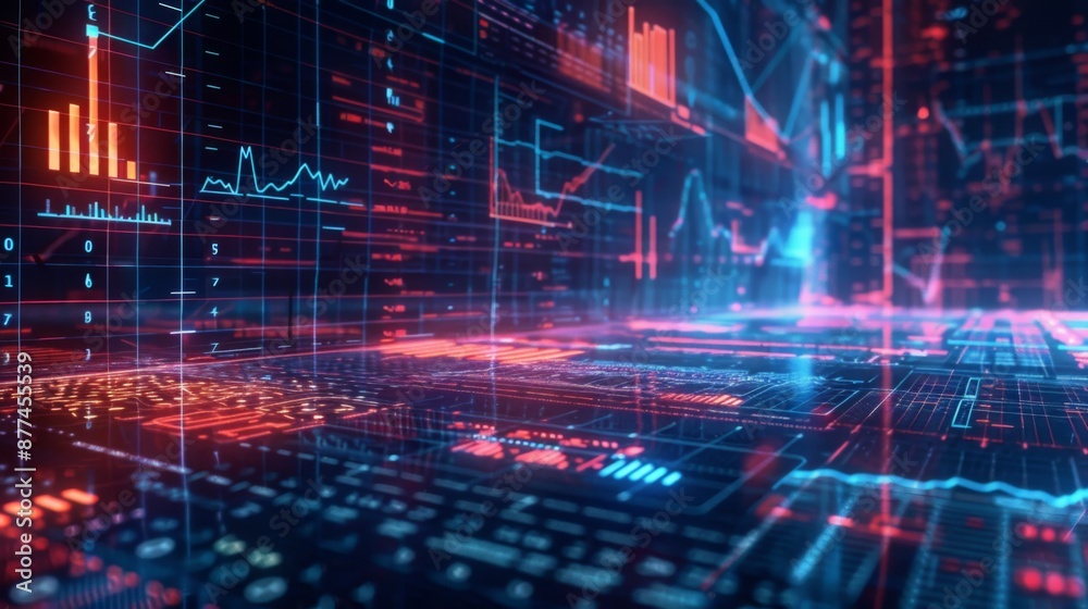 Poster abstract background of business data graphs and statistical analysis on a computer screen.