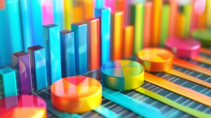 Abstract background of colorful bar graphs and pie charts representing business statistics.