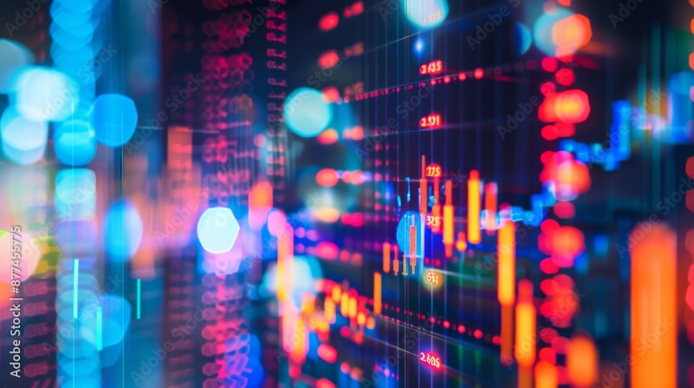 Poster Abstract background of colorful financial graphs and data analysis on a computer screen.