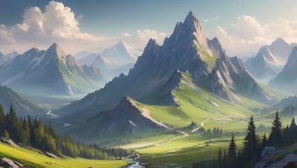 Fototapeta premium Landscape illustration anime style background, Generative Ai