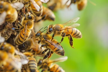 Naklejka premium A detailed focus image showing multiple bees busily working around their hive, portraying a busy bee society.
