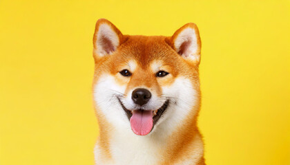 Happy smiling shiba inu dog isolated on yellow orange background with copy space. Red-haired Japanese dog smile portrait