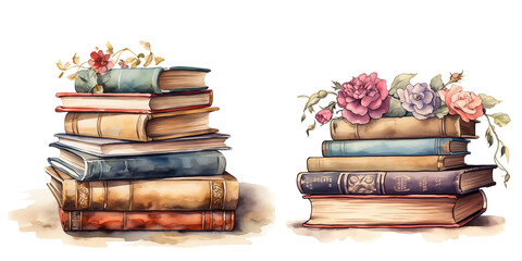 Watercolor Old Books Stack with flowers illustration clipart png