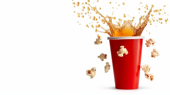 A red cup with popcorn and a splash of soda. Concept of fun and excitement