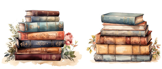 Watercolor Old Books Stack with flowers vintage illustration   clipart png