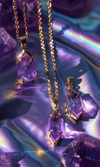 A pair of amethyst crystal pendant necklaces rest upon a reflective purple surface, gleaming with light