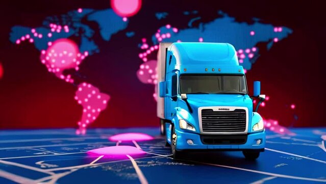 A blue semi truck is superimposed on a glowing pink world map.