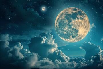 Obraz premium Majestic Full Moon Illuminating a Starry Night Sky with Clouds