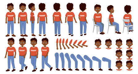 African man constructor set. Young guy in different poses. Pack of hands, heads and legs. Design elements for animations. Cartoon vector collection isolated on white background