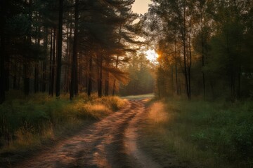 Fototapeta premium Serene sunset illuminates a winding forest path through tall pine trees, casting a warm glow