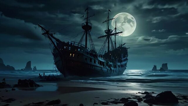 An old, ghostly shipwreck on a beach, illuminated by the full moon. Spectral figures and glowing sea creatures move among the wreckage, with clouds drifting in and out, adding to the haunting scene