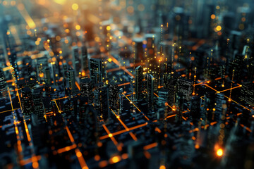 A cityscape at dusk illuminated by dots and lines of light, resembling a digital network connecting urban complexity.