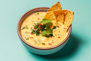 Texas Queso Dip with Tortilla Chips in a Bowl