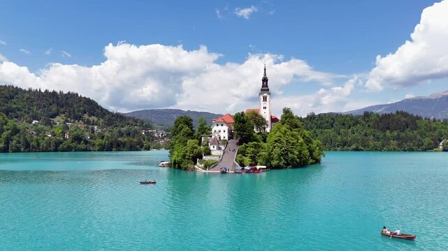 Drone shot of beautiful Lake Bled in Slovenia