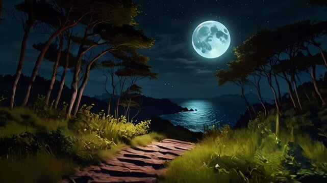 A forest path leads up the hill, with glowing plants and trees. The full moon creates a shimmering path of light on the ocean, eyes base of the hill to the horizon, 4K Wallpaper animation video