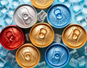 Cold drink can with lots of ice cubes. Summer refreshing drink adorned with glistening water droplets seamless. mock up.