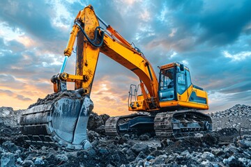 Powerful Excavator at Work on a Construction Site During Sunset