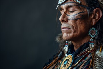 Obraz premium A Native American man adorned in traditional cultural jewelry stands proudly in a studio setting, exuding heritage and elegance.