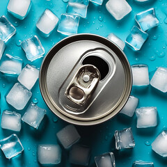 Cold drink can with lots of ice cubes. Summer refreshing drink adorned with glistening water droplets seamless. mock up.