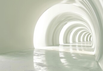 Fototapeta premium Futuristic White Tunnel with Curved Walls and Reflective Floor