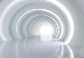 Naklejka premium Futuristic White Tunnel with Curved Architecture and Bright Lighting