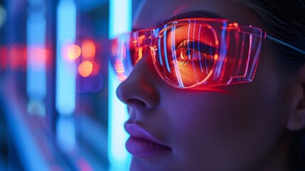 A woman wearing red sunglasses stands in front of a wall with blue and red lights, the reflection of the lights visible in her glasses.