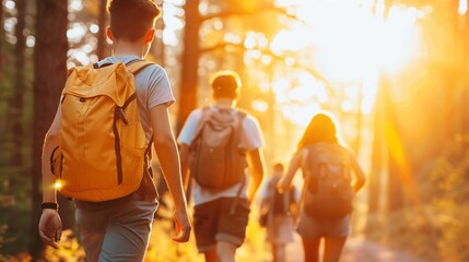 Happy group of teens exploring a dense forest in the countryside, with sunlight filtering through the trees and a sense of adventure