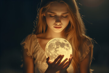 Naklejka premium Woman holding the moon in her hands.