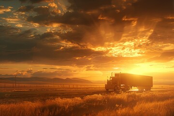 Fototapeta premium Against the backdrop of a stunning sunset, a truck travels along a rural road, casting long shadows across the landscape. Discover the beauty of the golden hour.