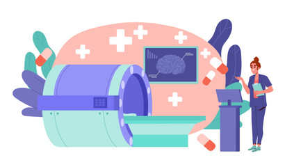 Body Xray machine. Woman in medical uniform with pills near mri scanner. Examination and diagnosis. Healthcare and treatment, medicine. Cartoon vector illustration isolated on white background