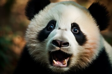 Fototapeta premium Detailed close-up of a giant panda's face showing its expressive eyes and mouth slightly open