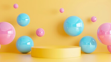 Colorful Geometric Abstract Scene with Yellow, Pink, and Blue Spheres