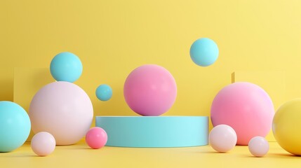 Pastel Colored Spheres on Yellow Background - 3D Abstract Design